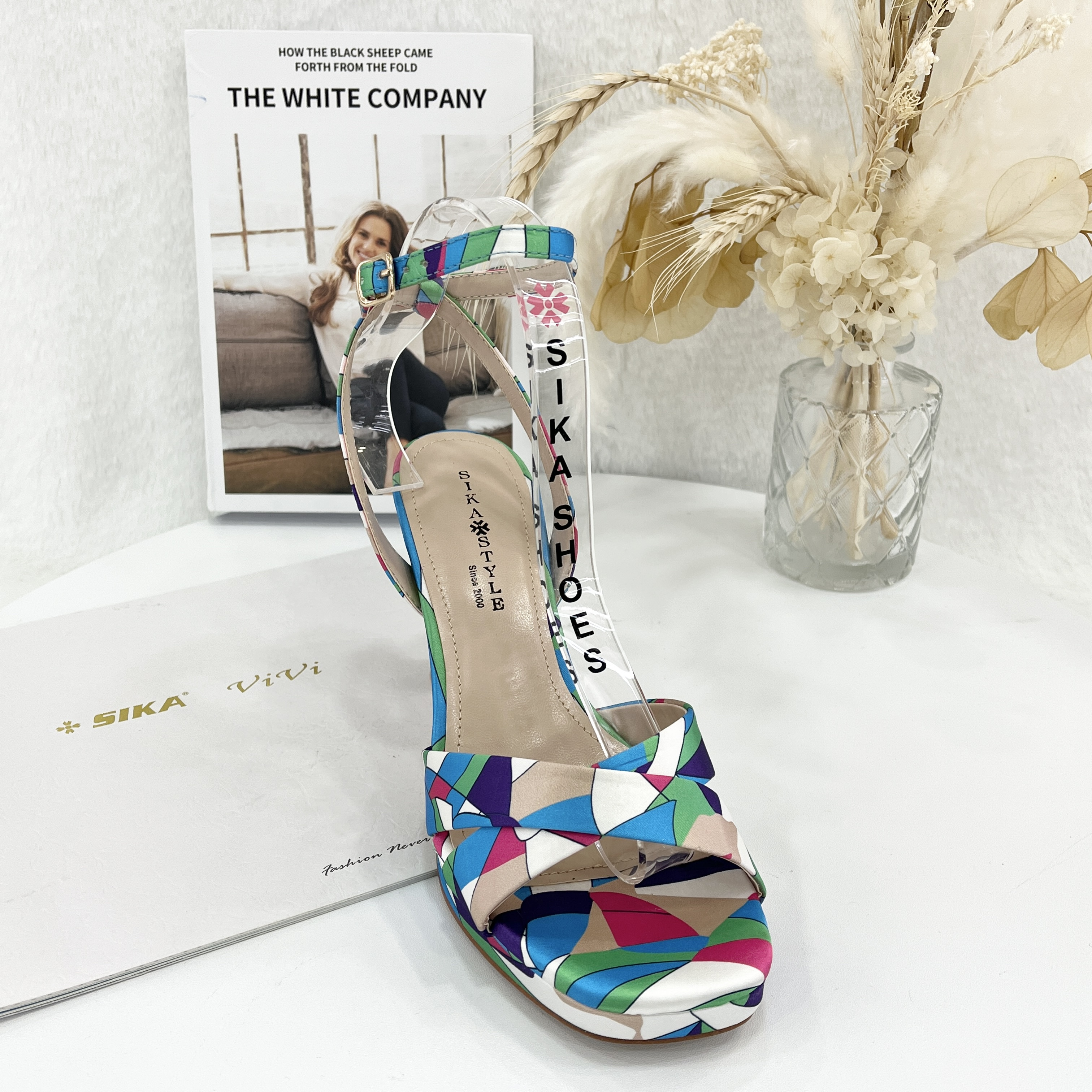 Wholesale Summer New Designed Rainbow Print Leather Strap Peep Toe Thin High Heel Women's Anti-Slip Outdoor Sandal Shoes