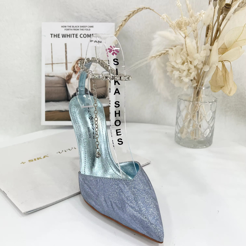 Oem china shoes chaussures dames luxury new style sexy high stiletto heels blue ankle strap pointed shoes with diamond for women