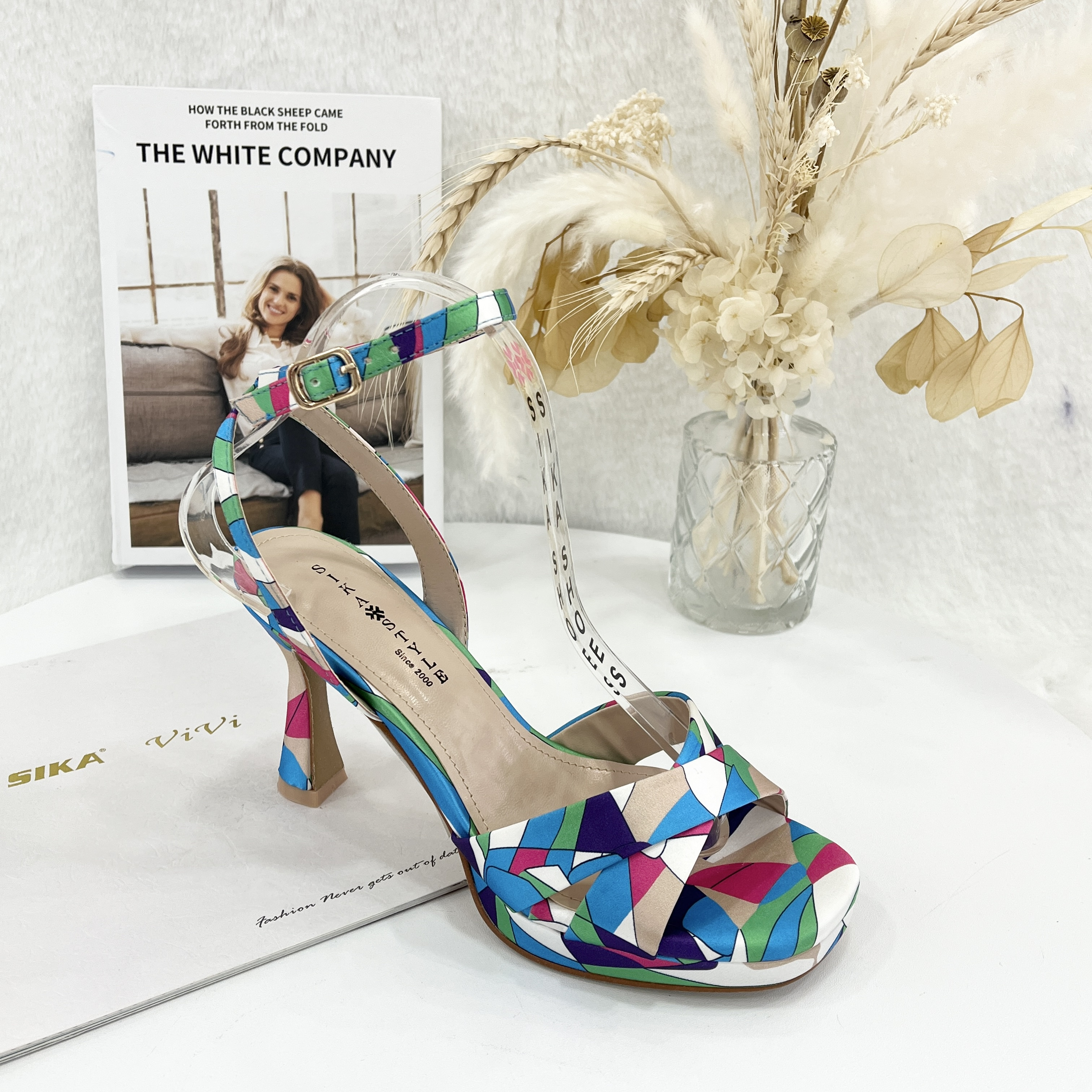 Wholesale Summer New Designed Rainbow Print Leather Strap Peep Toe Thin High Heel Women's Anti-Slip Outdoor Sandal Shoes