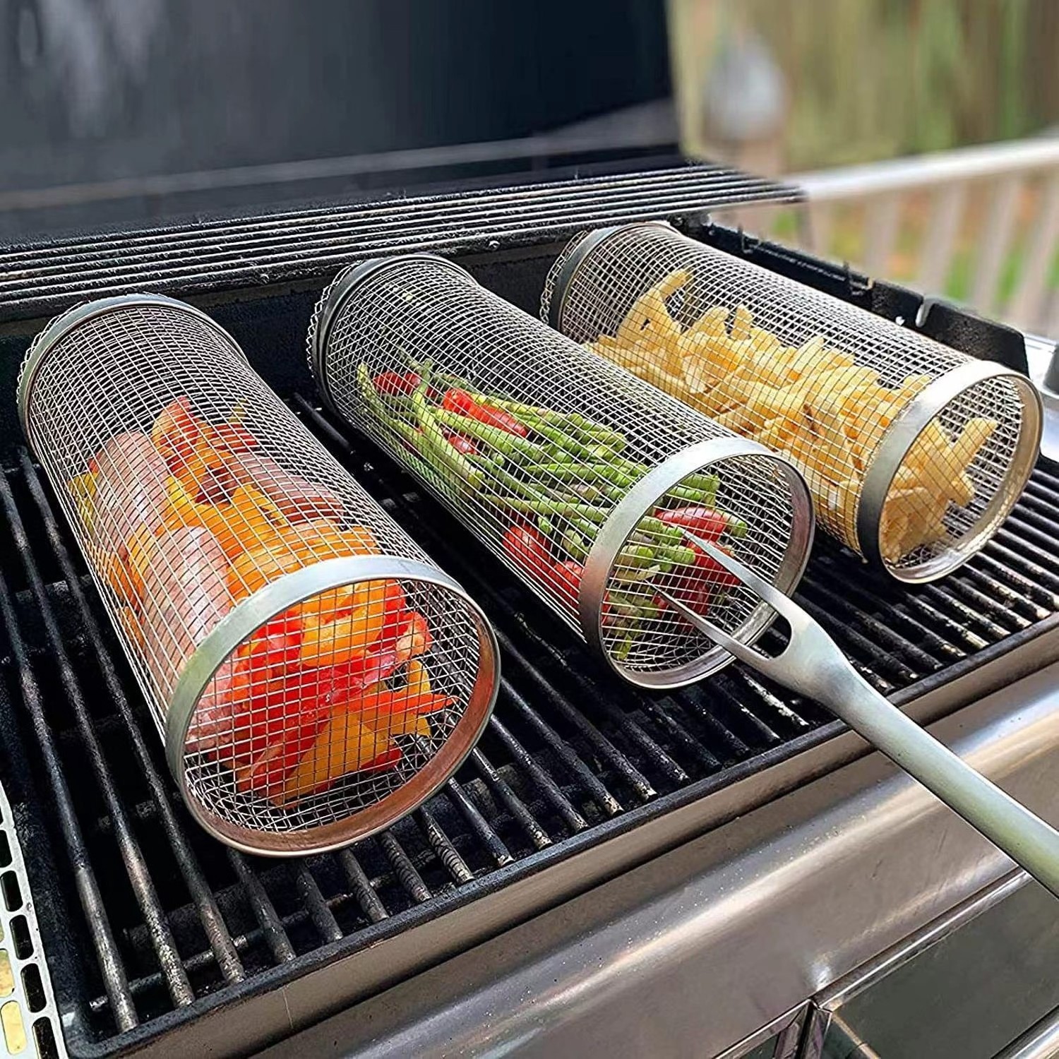 Rolling BBQ basket Stainless steel BBQ mesh Vegetable accessories Portable BBQ mesh basket