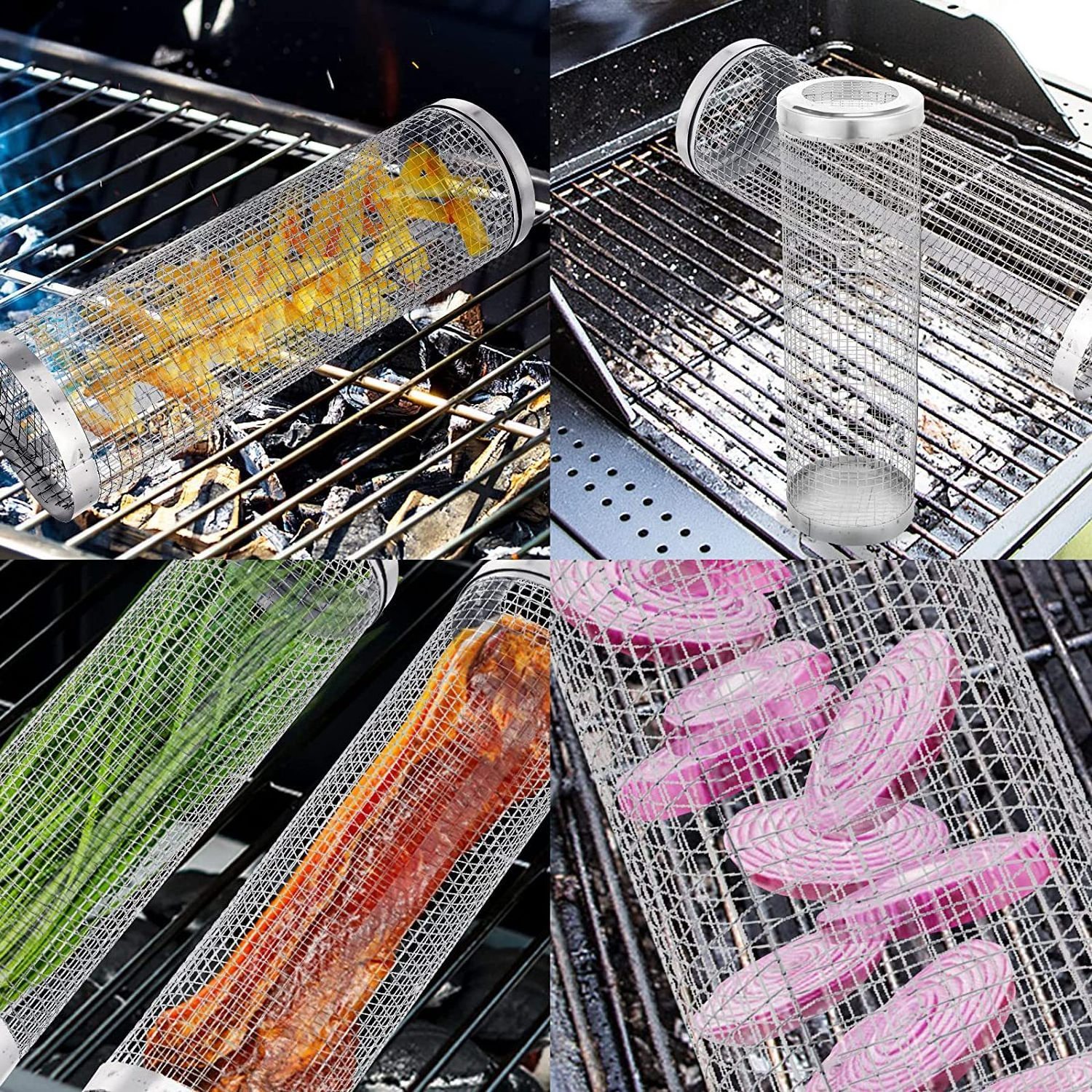 Rolling BBQ basket Stainless steel BBQ mesh Vegetable accessories Portable BBQ mesh basket