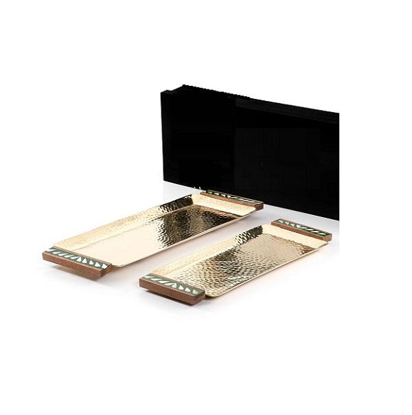 Gold color Hammered design aluminum tray with wooden handles big and small size serving tray