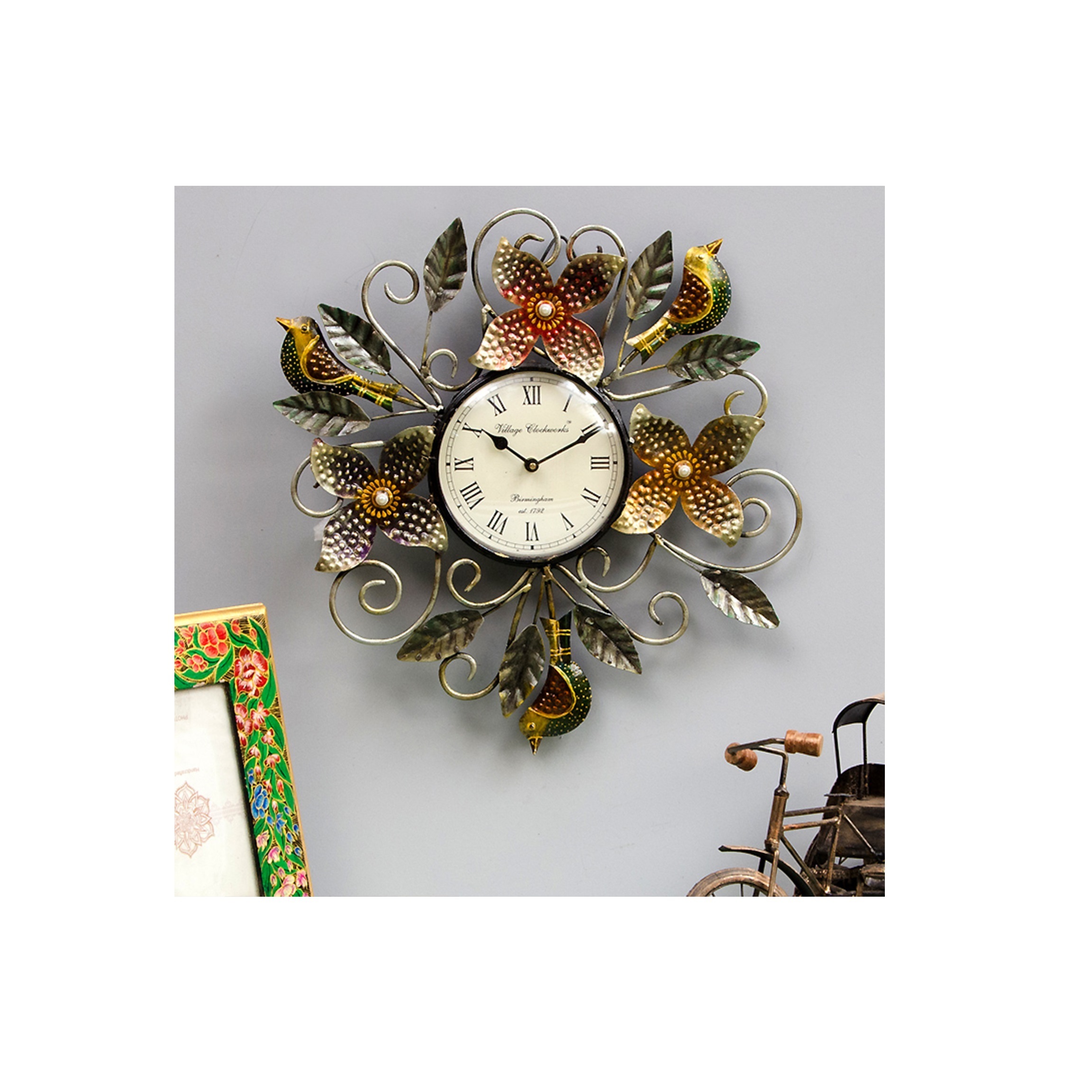 Flower Bouquet Design Brass Metal Wall Clock Large Size High Quality Restaurant Decorative Wall Clocks At Cheap Price