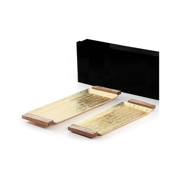 Gold color Hammered design aluminum tray with wooden handles big and small size serving tray