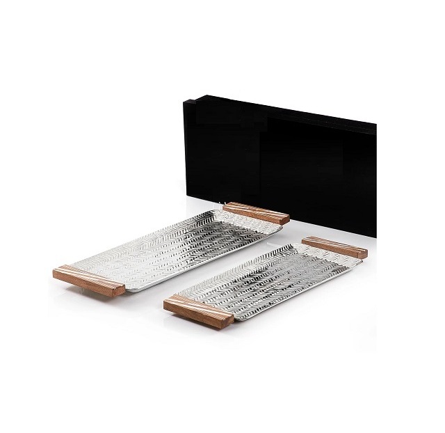 Gold color Hammered design aluminum tray with wooden handles big and small size serving tray