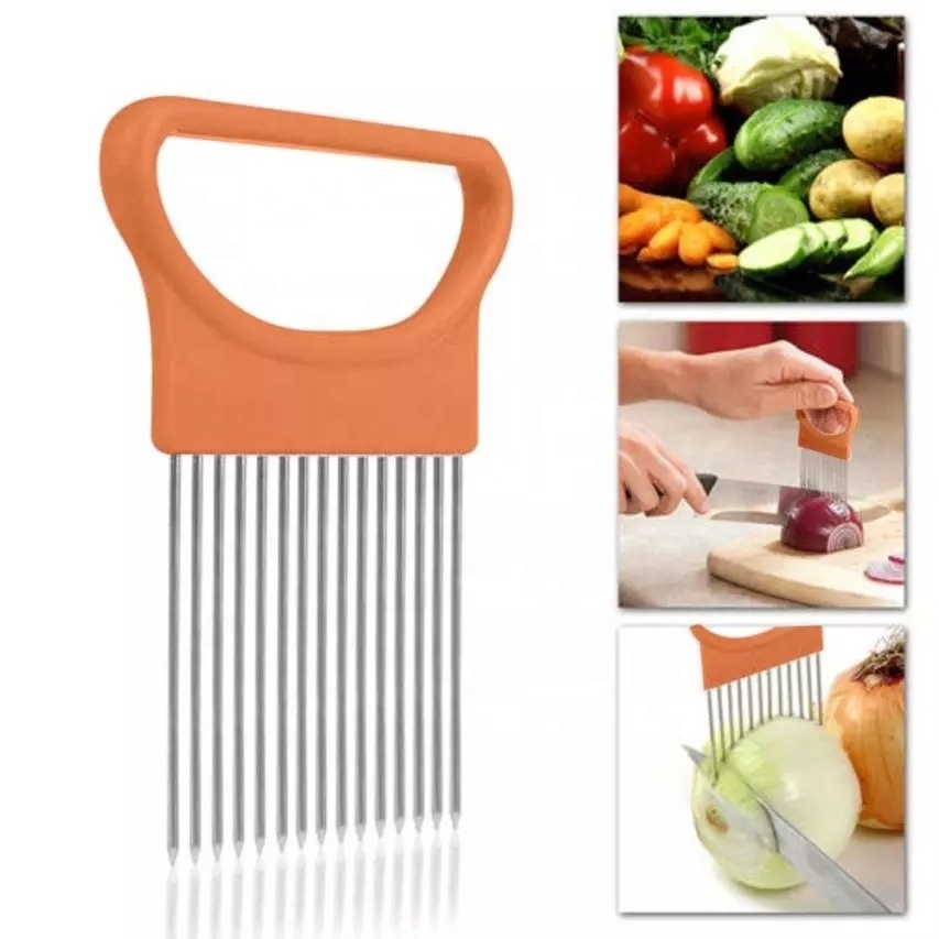 Stainless Steel Onion Needle Onion Fork Vegetables Fruit Slicer Tomato Cutter Cutting Safe Aid Holder Kitchen Accessories Tools