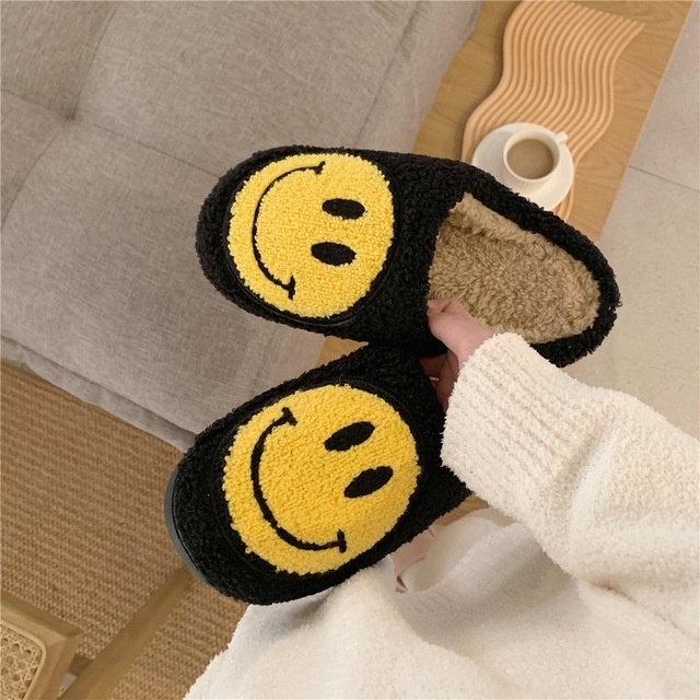 Women Fluffy Fur Slippers Big Smile Floor Slipper Short Plush Fleece Flat For Couple Shoes Black Lady Indoor Slippers