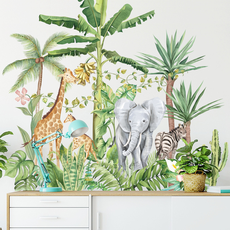 Boho Large African Lion Giraffe Wild Animals Tropical Tree Wall Sticker Nursery Wall Decals or Kids Boys Room Home Dec