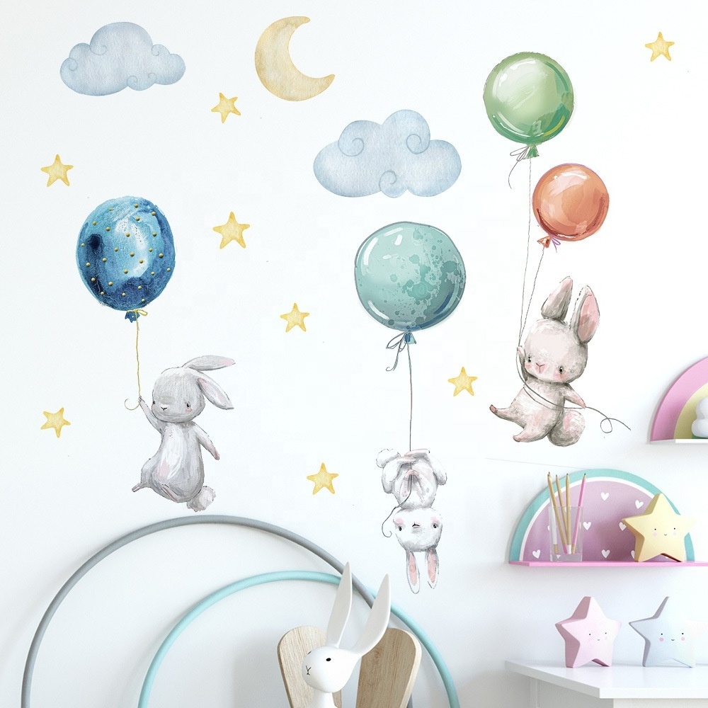 Cartoon Bunny Wall Stickers Home Decor Animals Stars Wallpaper Kawaii Decals for Kids Room Baby Nursery Bedroom Murals