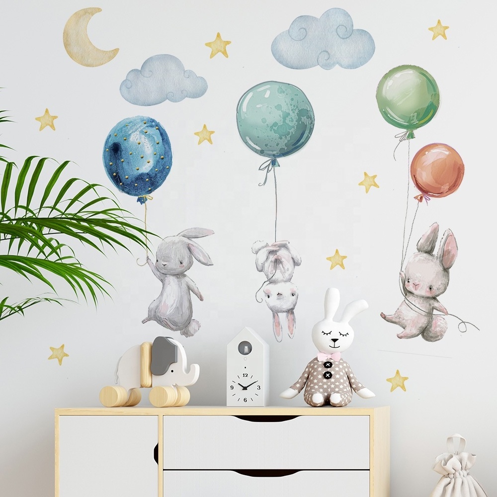 Cartoon Bunny Wall Stickers Home Decor Animals Stars Wallpaper Kawaii Decals for Kids Room Baby Nursery Bedroom Murals