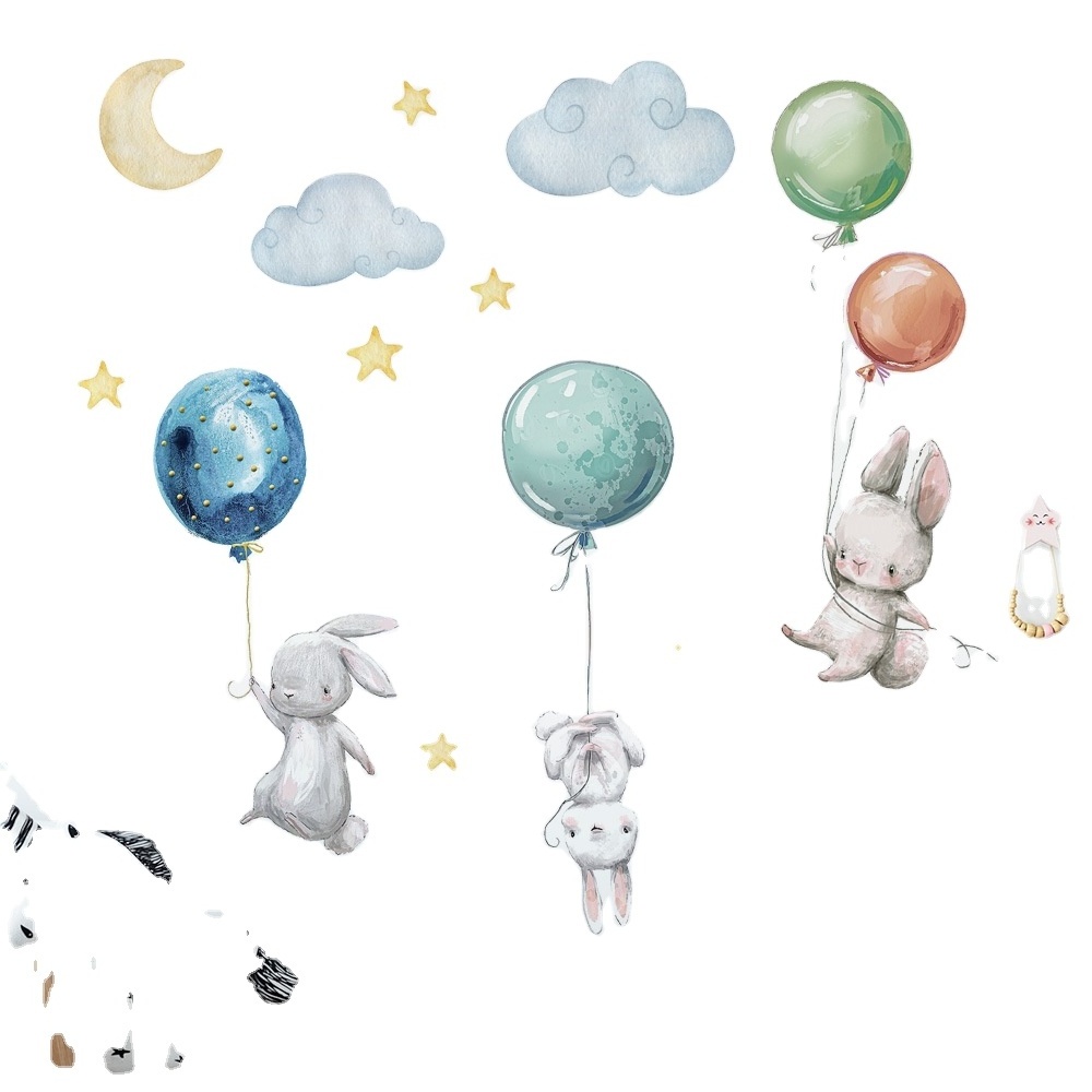 Cartoon Bunny Wall Stickers Home Decor Animals Stars Wallpaper Kawaii Decals for Kids Room Baby Nursery Bedroom Murals