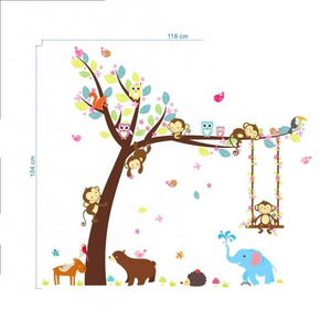 cartoon 2pcs 104*116cm forest animals swing tree wall sticker for kids room decor bear owl monkey wall art decals diy pvc mural