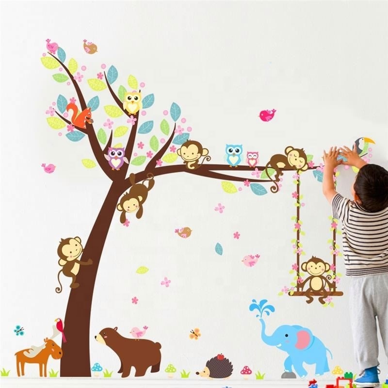 cartoon 2pcs 104*116cm forest animals swing tree wall sticker for kids room decor bear owl monkey wall art decals diy pvc mural