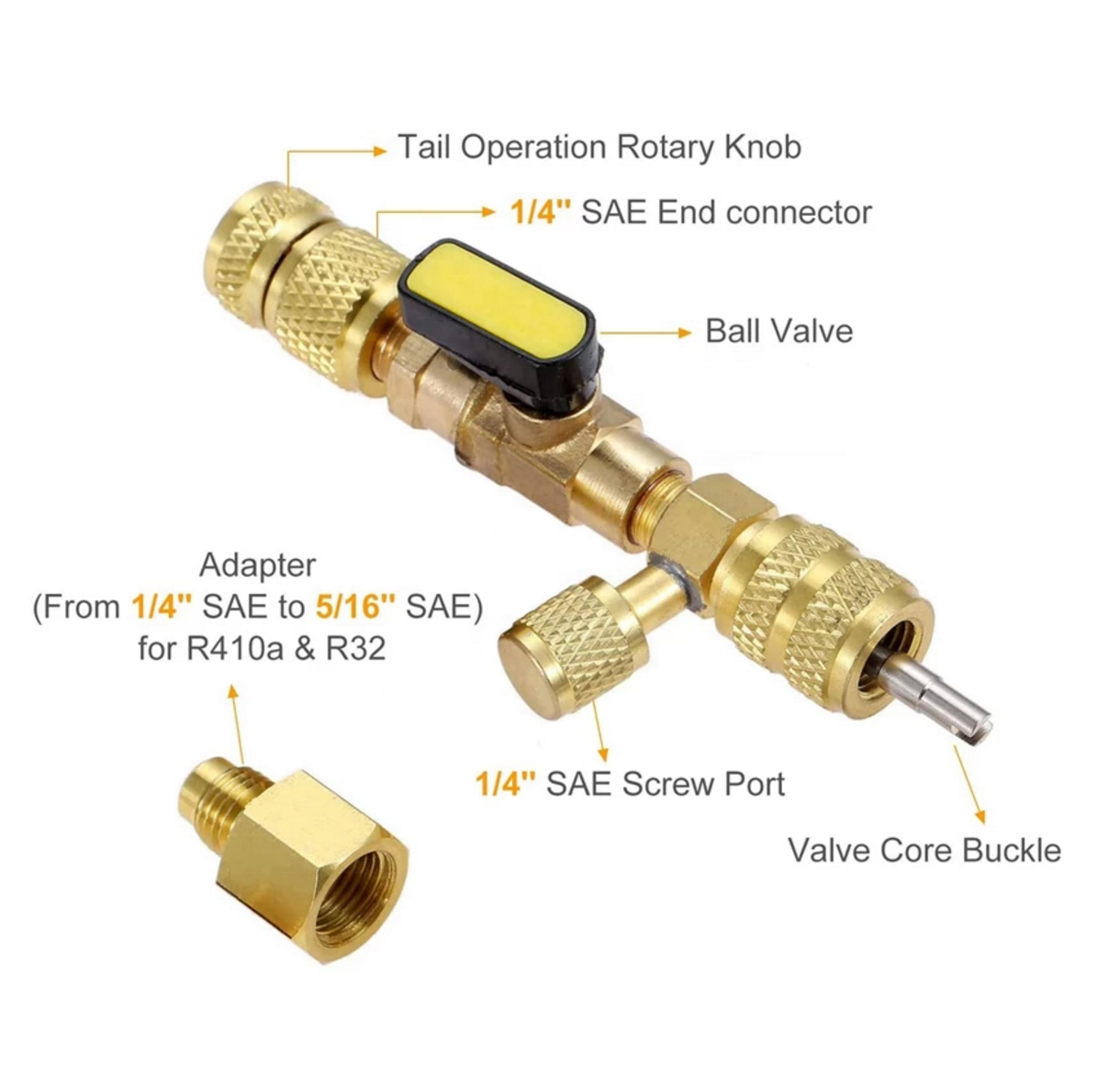 R410A R22 Valve Core Remover Installer Tool with Dual Size SAE 1/4 & 5/16 Port for R404A R407C R134A R12 R32 HVAC System