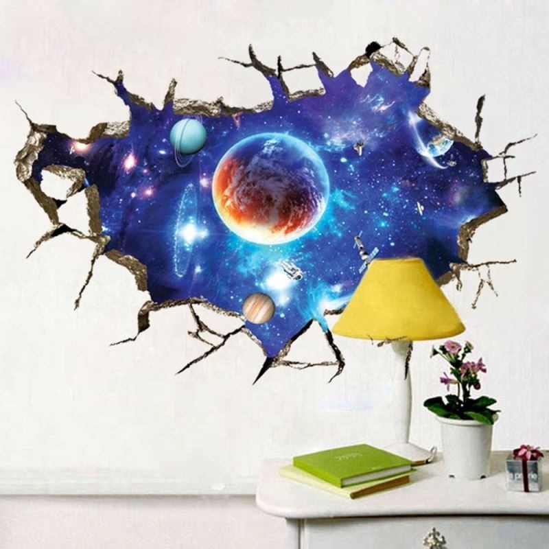 3D Broken Wall universe Galaxy Scenery Seascape Island Coconut Trees Household Adornment Can Remove The Wall Stickers Room Decal