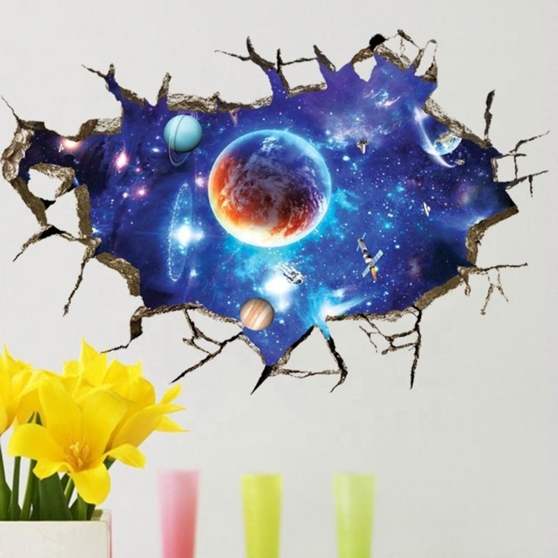 3D Broken Wall universe Galaxy Scenery Seascape Island Coconut Trees Household Adornment Can Remove The Wall Stickers Room Decal