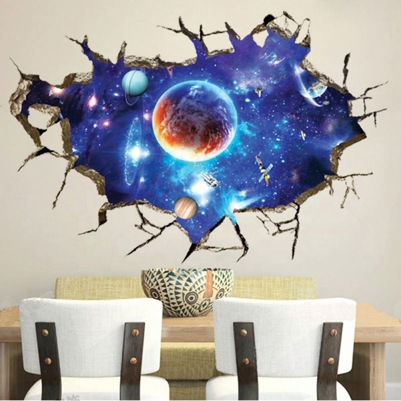 3D Broken Wall universe Galaxy Scenery Seascape Island Coconut Trees Household Adornment Can Remove The Wall Stickers Room Decal