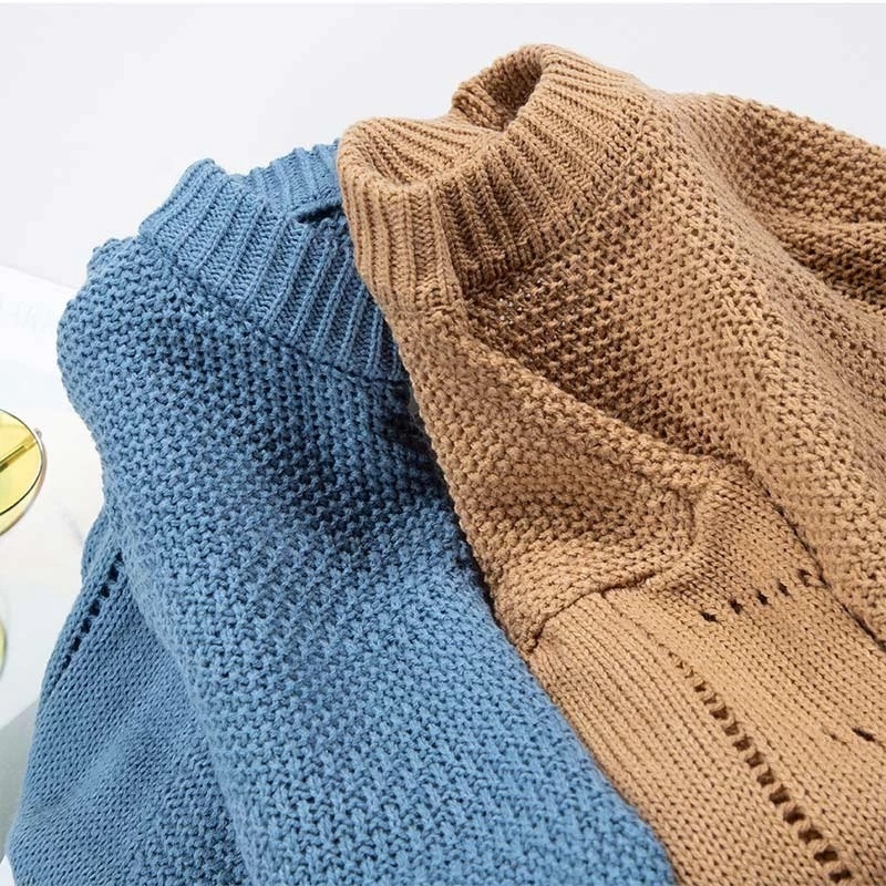 Turtleneck Hollow Out Knit Women's Sweater Pullover 2020 Winter Solid Lantern Sleeve Jumper For Women Crochet Female Sweaters