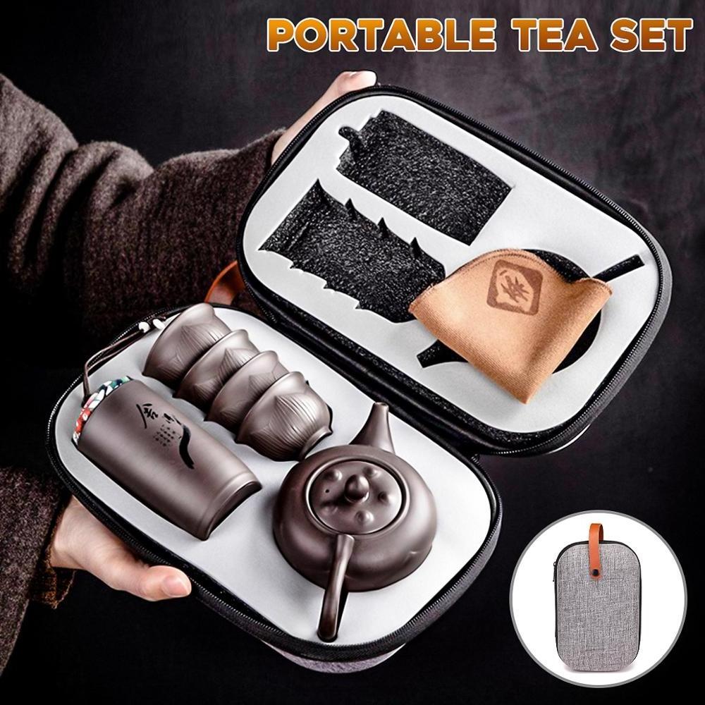 Teaware Sets Portable Teapot Tea Set Gift Chinese Purple Sand Tea Pot + 4 Cups + 1 Storage Bag Travel Drinkware Kitchen Tools