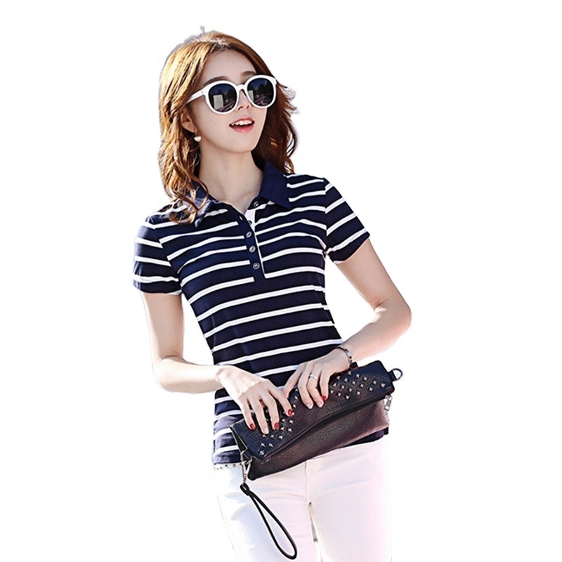 Women Polo Shirts 95% Cotton Shirt Black Red White Collar Striped Solid Summer Clothing Short Sleevs Confortable Ladies shir