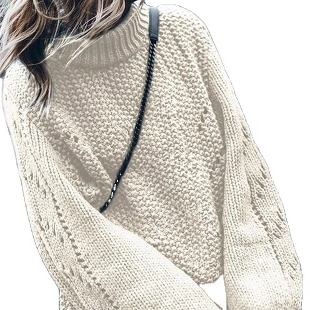 Turtleneck Hollow Out Knit Women's Sweater Pullover 2020 Winter Solid Lantern Sleeve Jumper For Women Crochet Female Sweaters