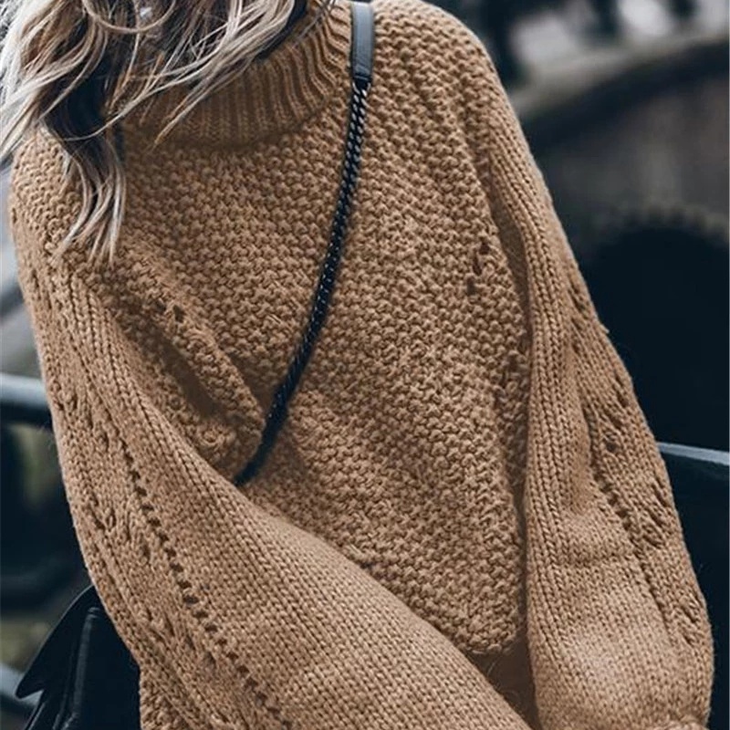 Turtleneck Hollow Out Knit Women's Sweater Pullover 2020 Winter Solid Lantern Sleeve Jumper For Women Crochet Female Sweaters