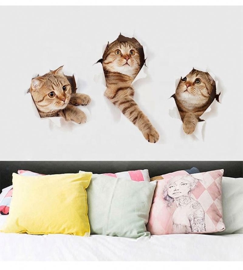 3 Cats Vinyl Waterproof 3D Wall Sticker Hole View Bathroom Toilet Living Room Home Decor Decal Poster Background Wall Stickers