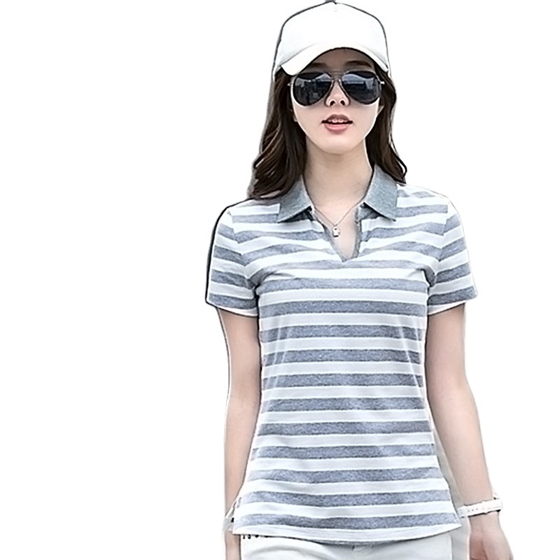 Women Polo Shirts 95% Cotton Shirt Black Red White Collar Striped Solid Summer Clothing Short Sleevs Confortable Ladies shir