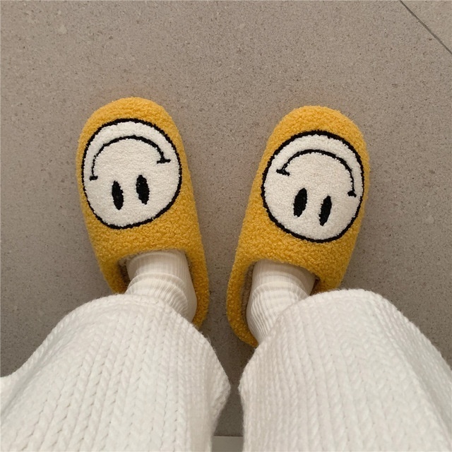 Women Fluffy Fur Slippers Big Smile Floor Slipper Short Plush Fleece Flat For Couple Shoes Black Lady Indoor Slippers