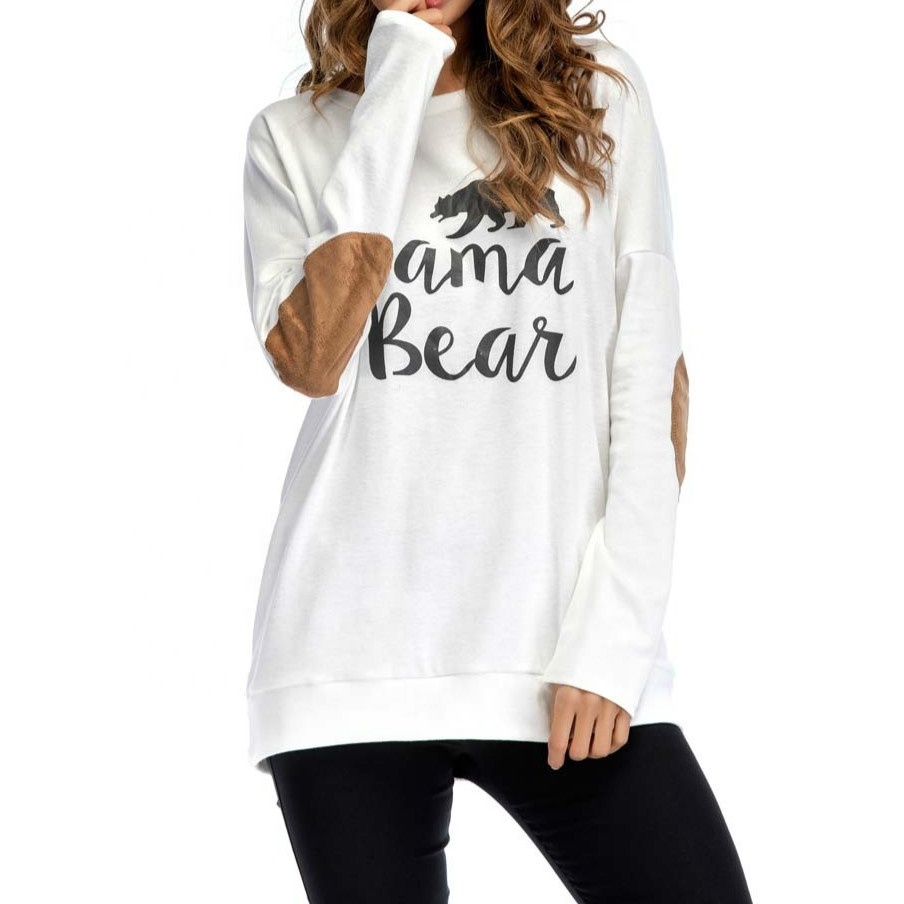 Female Elbow Patch Loose Tops Tee Letter Print Round Neck Casual Top Women Color Block Long Sleeve