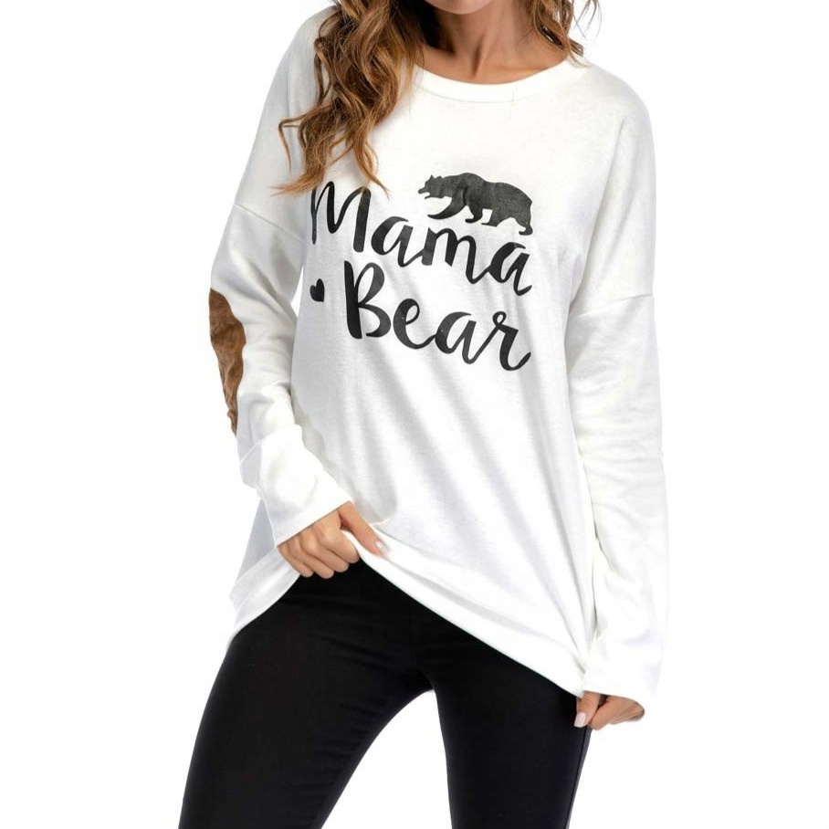 Female Elbow Patch Loose Tops Tee Letter Print Round Neck Casual Top Women Color Block Long Sleeve