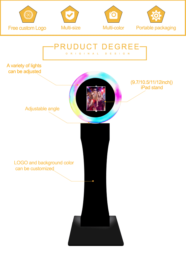 Portable ring light ring vending machine rotating spinning roamer photobooth kiosk 12.9 ipad photo booth stand