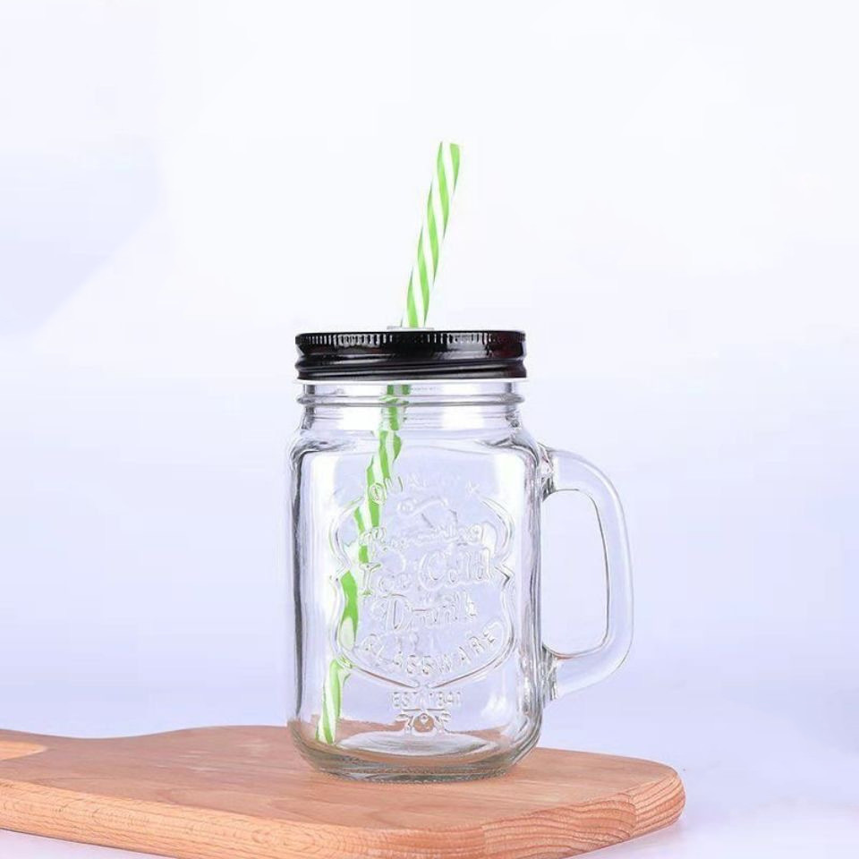 Creative Gradient glass Mason with lid transparent simple cup with handle Cranberry soup cup straw glass