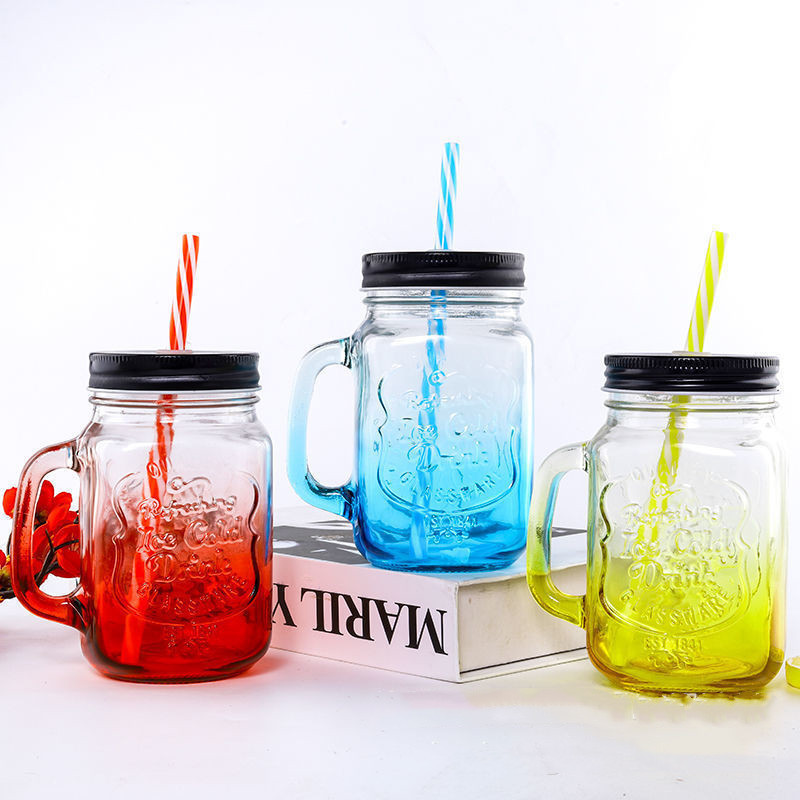 Creative Gradient glass Mason with lid transparent simple cup with handle Cranberry soup cup straw glass