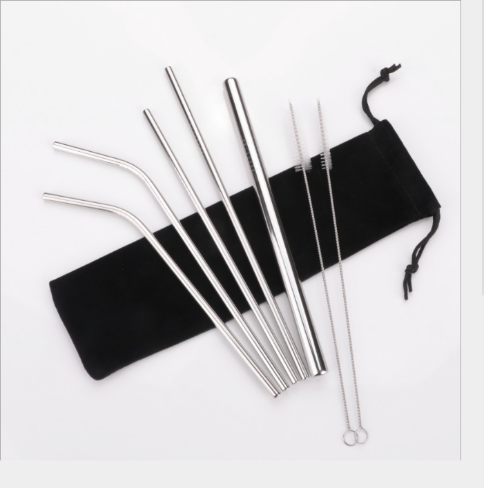 Eco-Friendly Custom Reusable 304 Stainless Steel Beach Drink Straw Set 6/8mm Diameter with Cleaning Brush for Bars