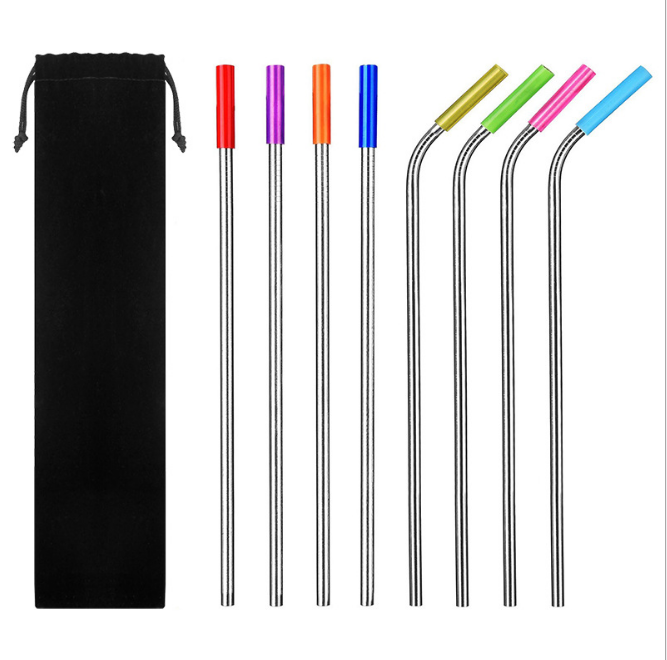 Eco-Friendly Custom Reusable 304 Stainless Steel Beach Drink Straw Set 6/8mm Diameter with Cleaning Brush for Bars