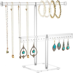 Jewelry Holder 2-Tier Necklace Stand Acrylic T-bar Jewelry Tower for Hanging Necklace Earring Bracelets