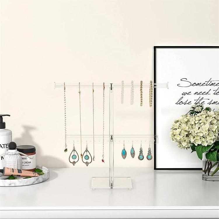 Jewelry Holder 2-Tier Necklace Stand Acrylic T-bar Jewelry Tower for Hanging Necklace Earring Bracelets