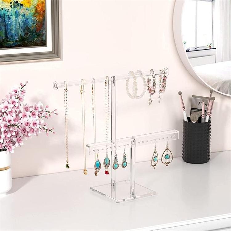 Jewelry Holder 2-Tier Necklace Stand Acrylic T-bar Jewelry Tower for Hanging Necklace Earring Bracelets