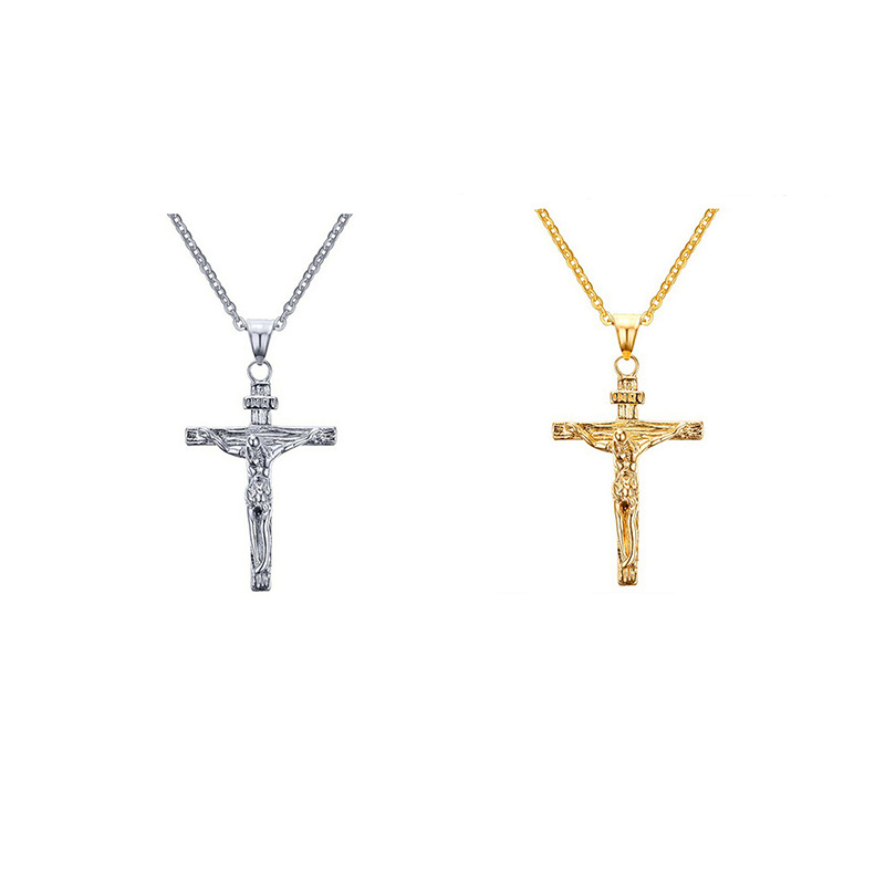 HOVANCI Christian Jesus Mary Cross Pendant 18K Gold Plated Stainless Steel Chain Men Religious Necklace