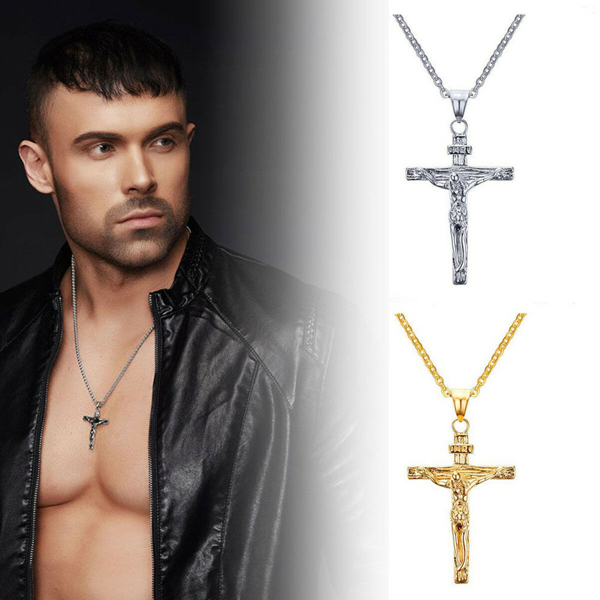 HOVANCI Christian Jesus Mary Cross Pendant 18K Gold Plated Stainless Steel Chain Men Religious Necklace