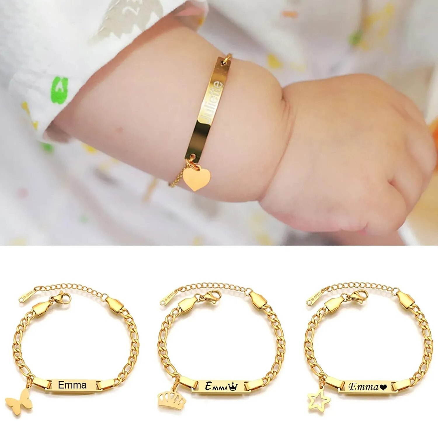 HOVANCI Personalized Custom Names Bangle Bracelet Baby Stainless Steel Butterfly Star Pendant Gold Plated Bracelet for Kids