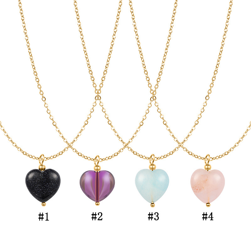 HOVANCI Bohemian Natural Stone Stainless Steel Pendant Necklaces 14K Gold Plated Tiny Heart Pink Necklace