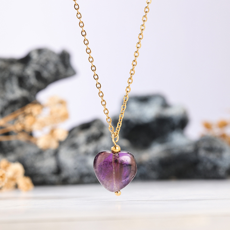 HOVANCI Bohemian Natural Stone Stainless Steel Pendant Necklaces 14K Gold Plated Tiny Heart Pink Necklace