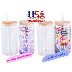 12Oz 16Oz 25Oz Sublimation Frosted Water Bottle Reusable Snowglobe Glitter Clear Beer Can Soda Glass Cup Tumbler With Bamboo Lid