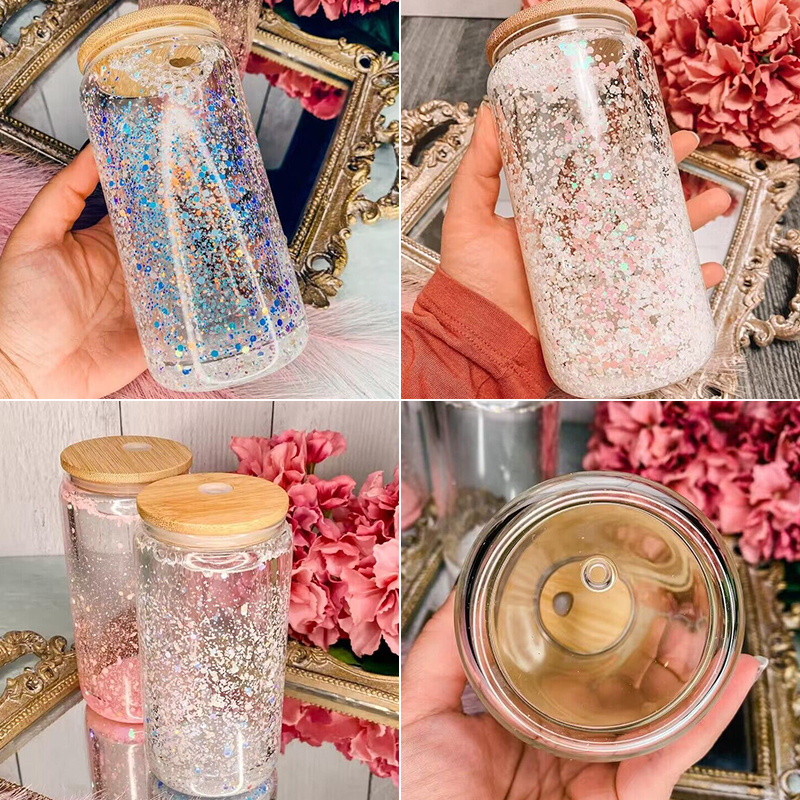 12Oz 16Oz 25Oz Sublimation Frosted Water Bottle Reusable Snowglobe Glitter Clear Beer Can Soda Glass Cup Tumbler With Bamboo Lid