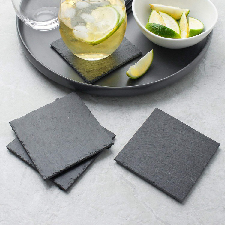 Wholesale Black Non-Slip Engraving  Drink Slate Stone Bulk Coasters Set Round Blank Gift Box With Holder