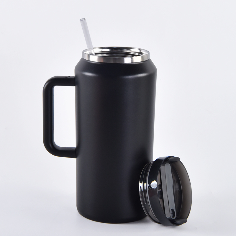 64Oz Big Capacity Fashion Double Wall Metal Insulated Stainless Steel Black Cup Water Thermos Bottle Design With Plastic Straw