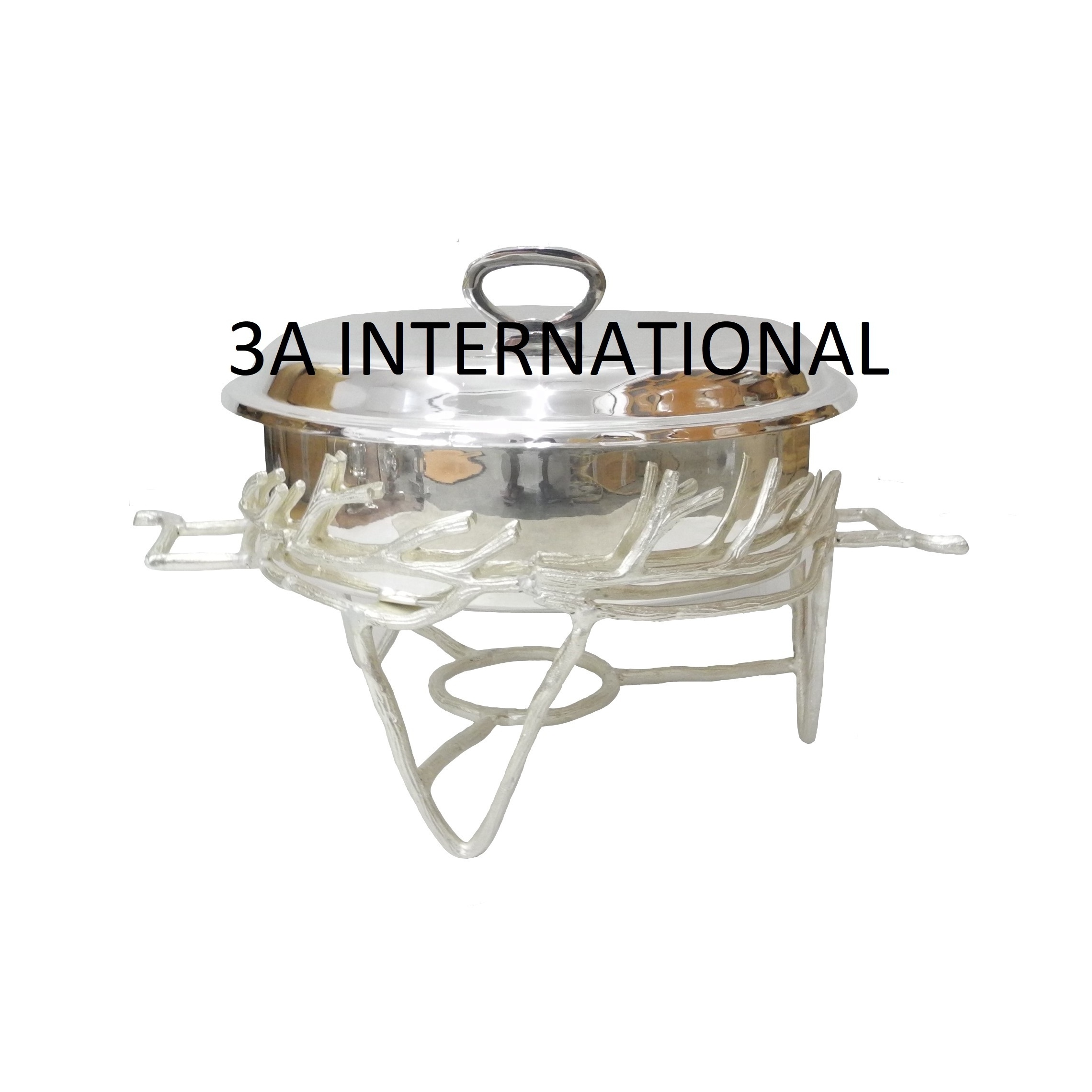 Hot Selling Silver Plated Finished Oval Shape Decorative Food Warmer Buffet Serving Chafing Dish With Tree Design Brass Stand