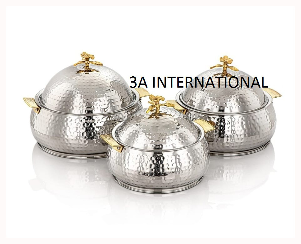 Hammered Design Serving Pot Silver Finishing Set of 3 Custom Shape Serving Pot For Dining Table Hotel Home Server Pot Hot Sale